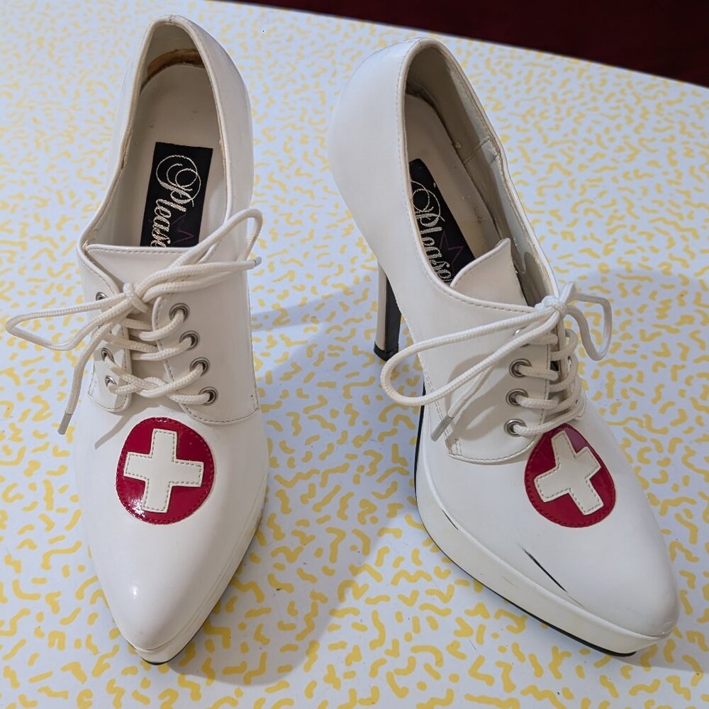 Pleaser Indulge White Patent Nurse Platform Booties 7 - Picture 2 of 10